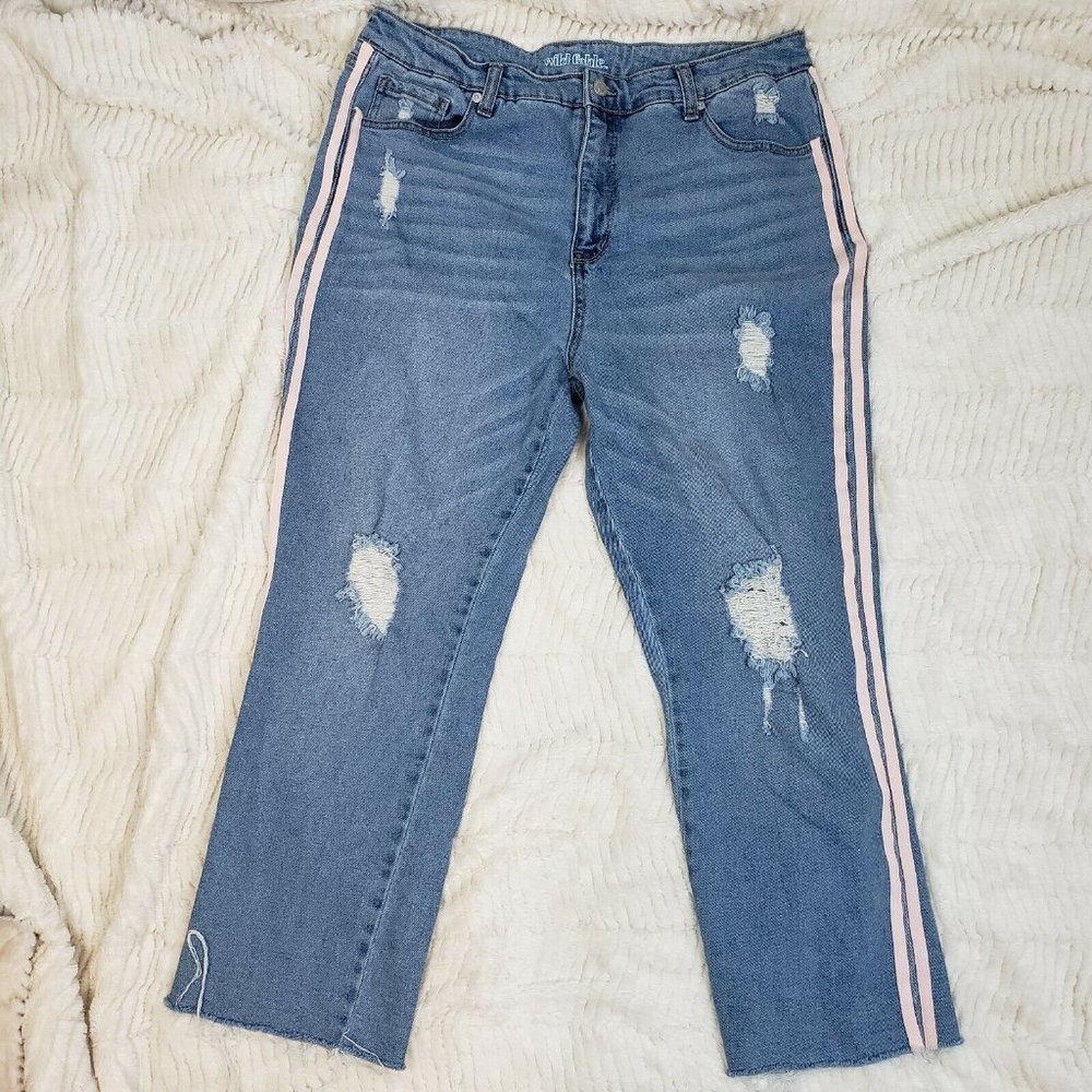 Wild‎ Fable Womens Blue Dark Wash High Rise Distressed Denim Cropped Jeans Sz 16